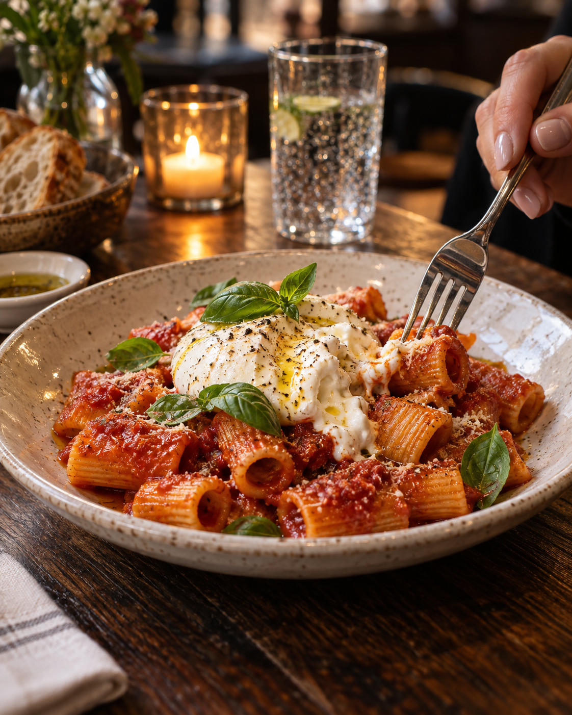 Restaurant concept: tomato rigatoni with burrata and basil
